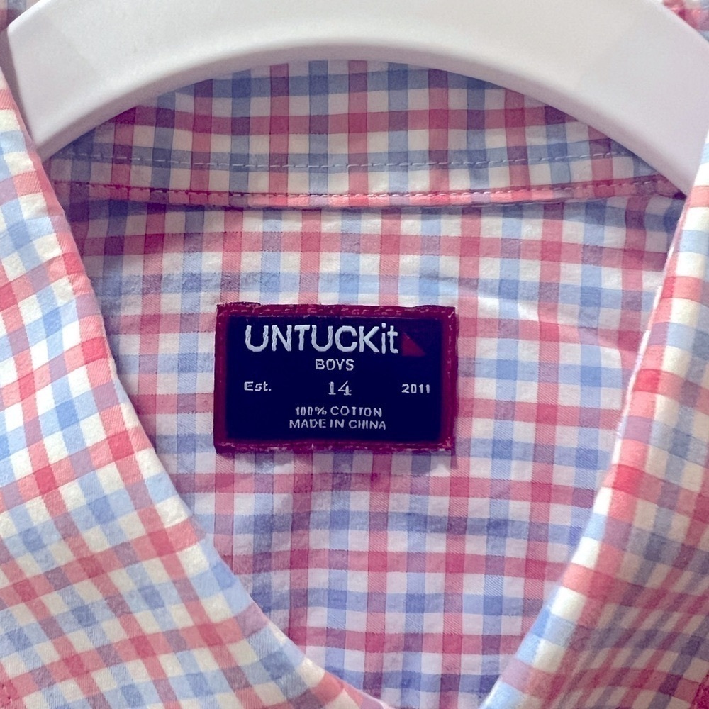 UNTUCKit Boys Size 14 Long Sleeve 100% Cotton Blue and Pink Plaid Pattenn - Picture 10 of 11